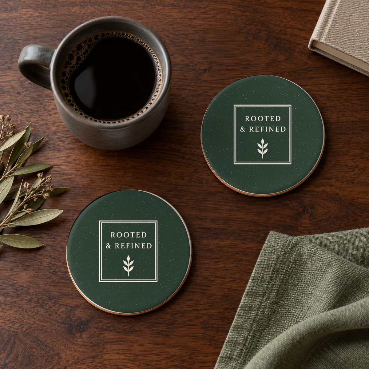 Rooted & Refined Signature Label ceramic coasters in Forest, set of 4