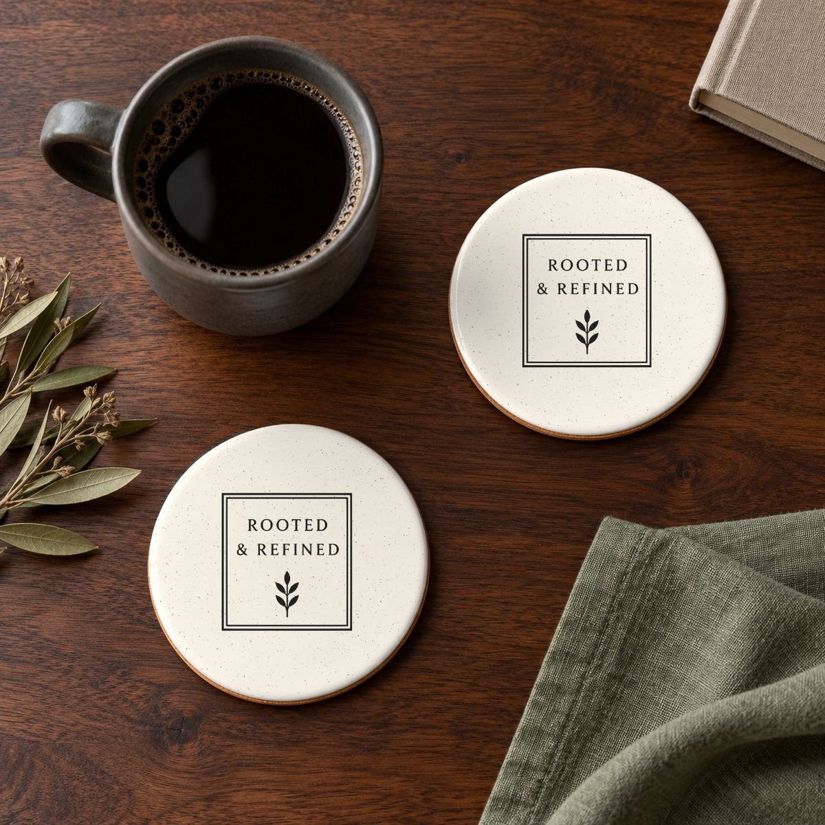Rooted & Refined Signature Label ceramic coasters in Ivory, set of 4