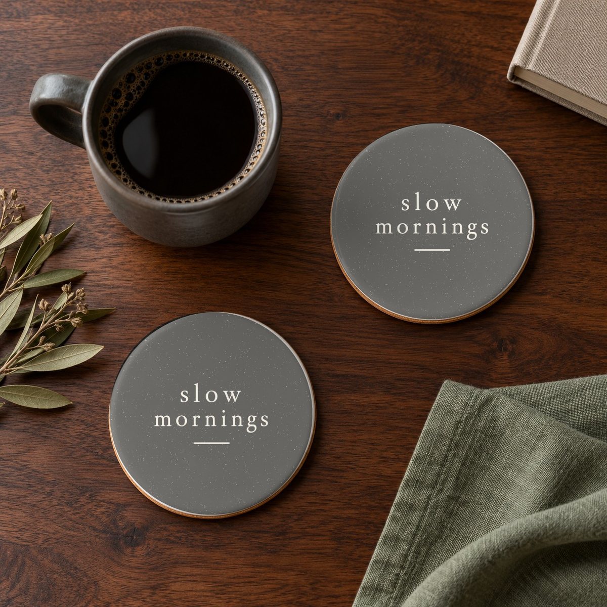 Slow Mornings ceramic coasters in Grey, set of 4