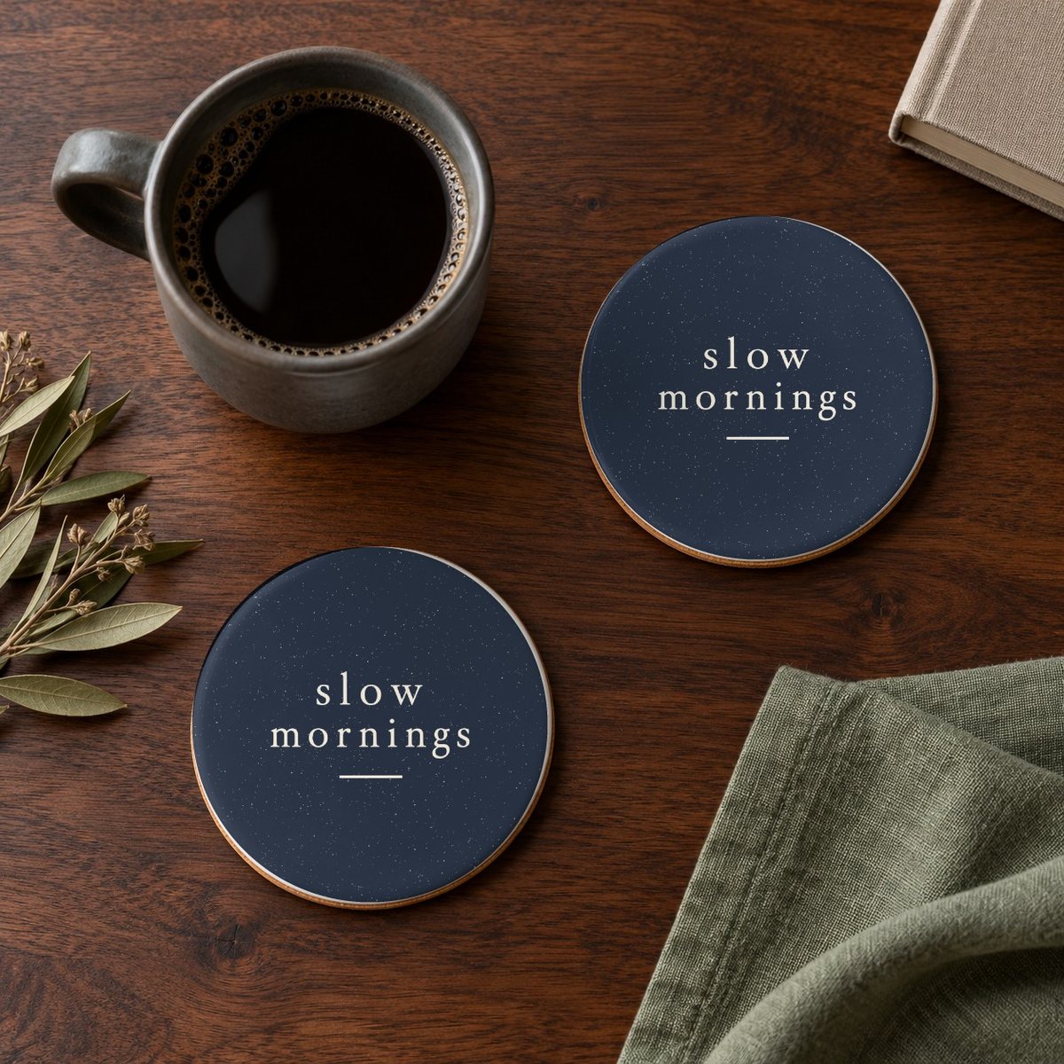 Slow Mornings ceramic coasters in Navy, set of 4