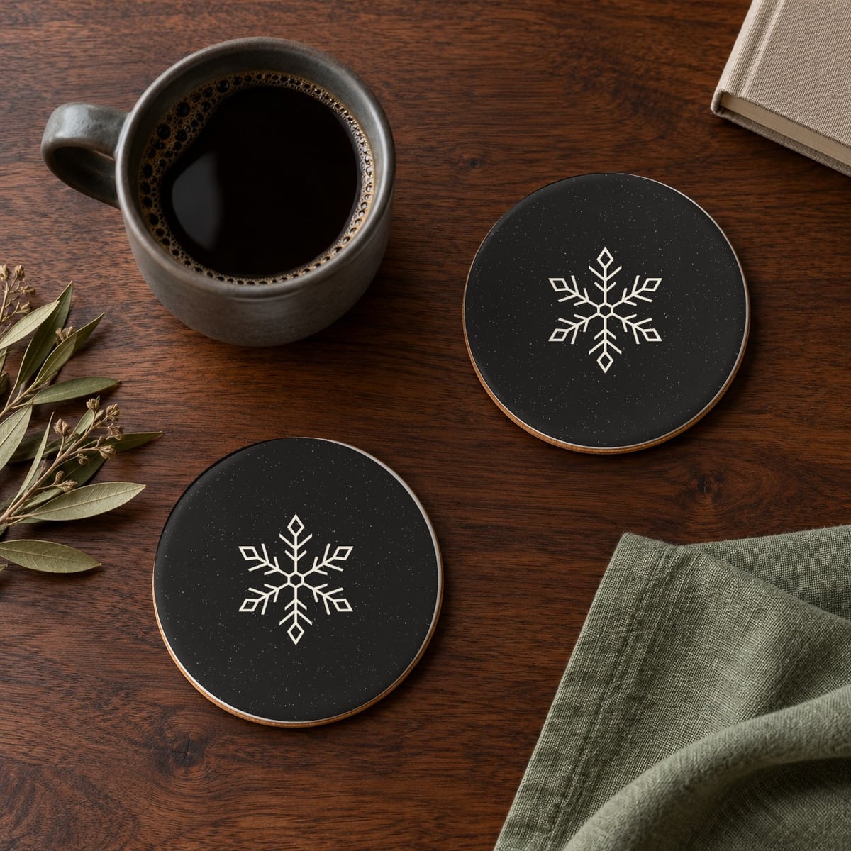 Snowflake ceramic coasters in Black, set of 4