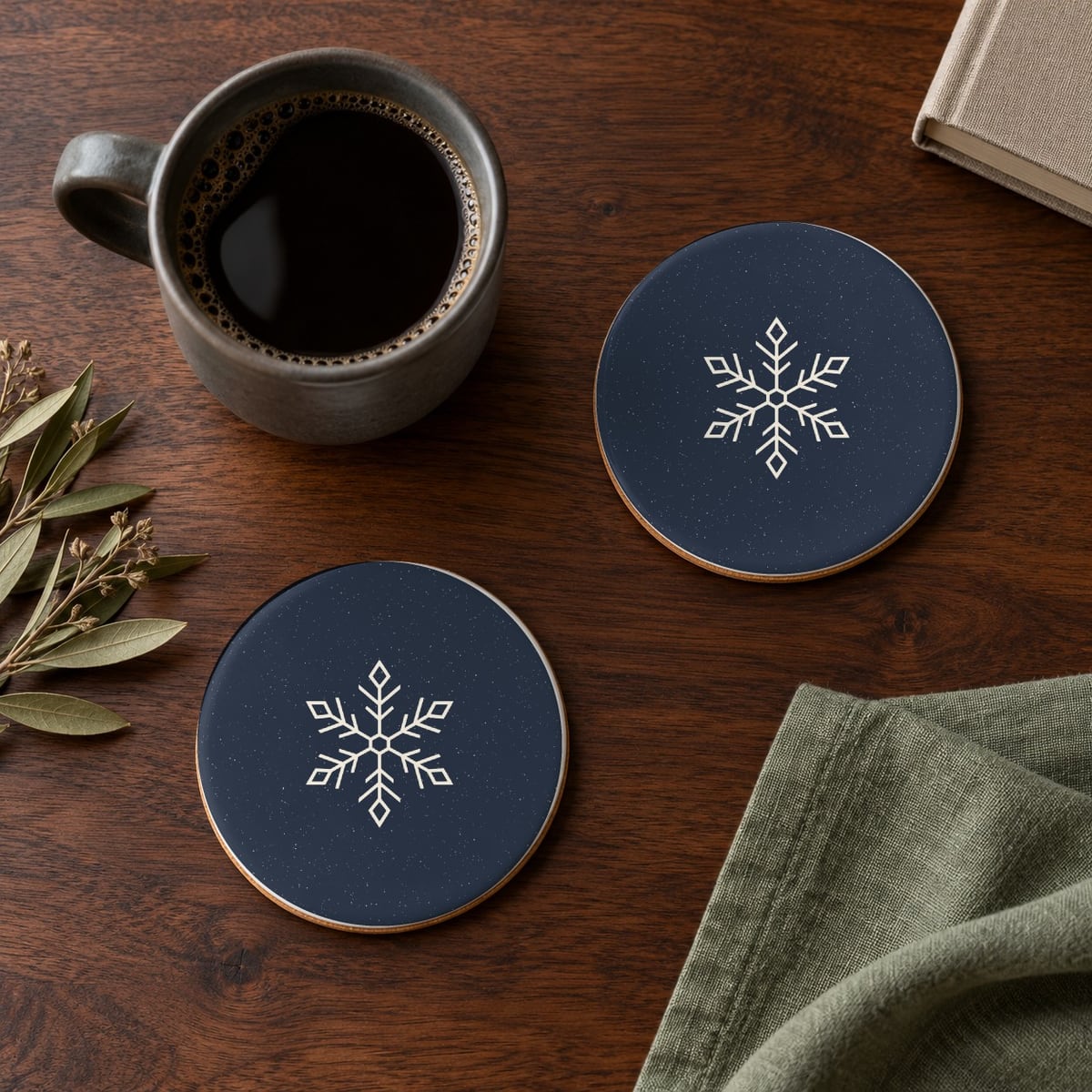 Snowflake ceramic coasters in Navy, set of 4