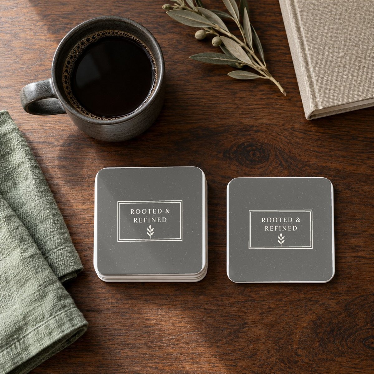 Rooted & Refined Atelier Label square coasters in Grey, set of 4