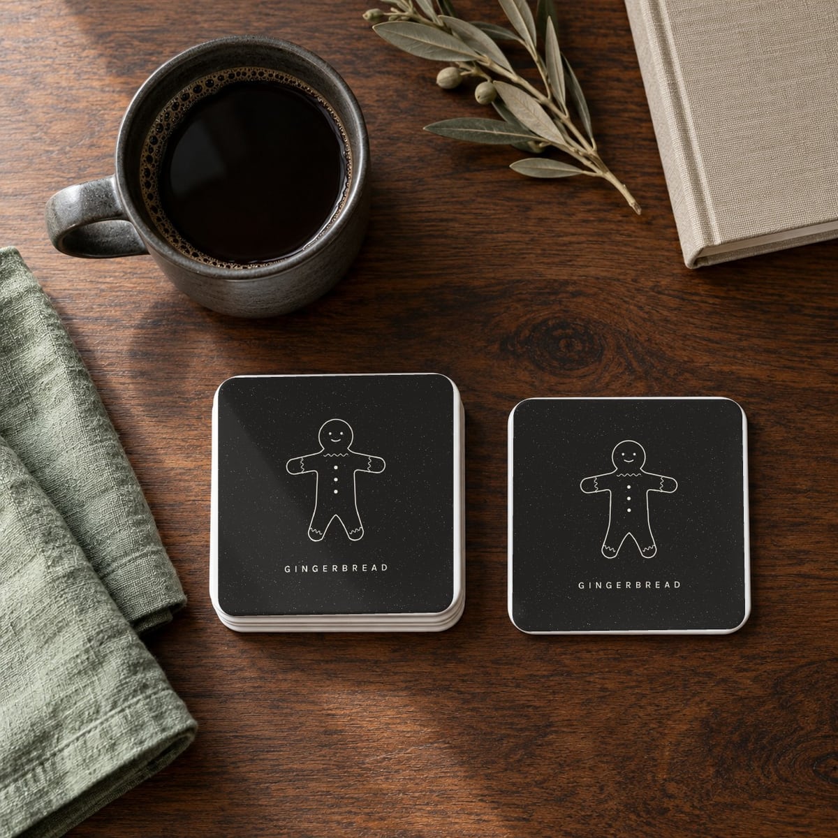 Gingerbread square coasters in Black, set of 4