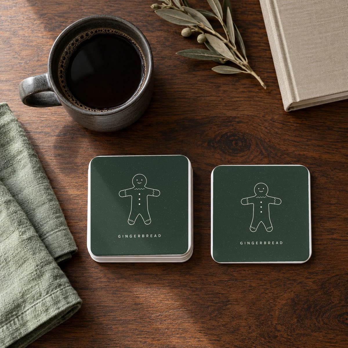 Gingerbread square coasters in Forest, set of 4