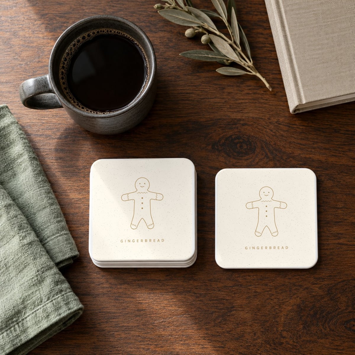 Gingerbread square coasters in Ivory, set of 4
