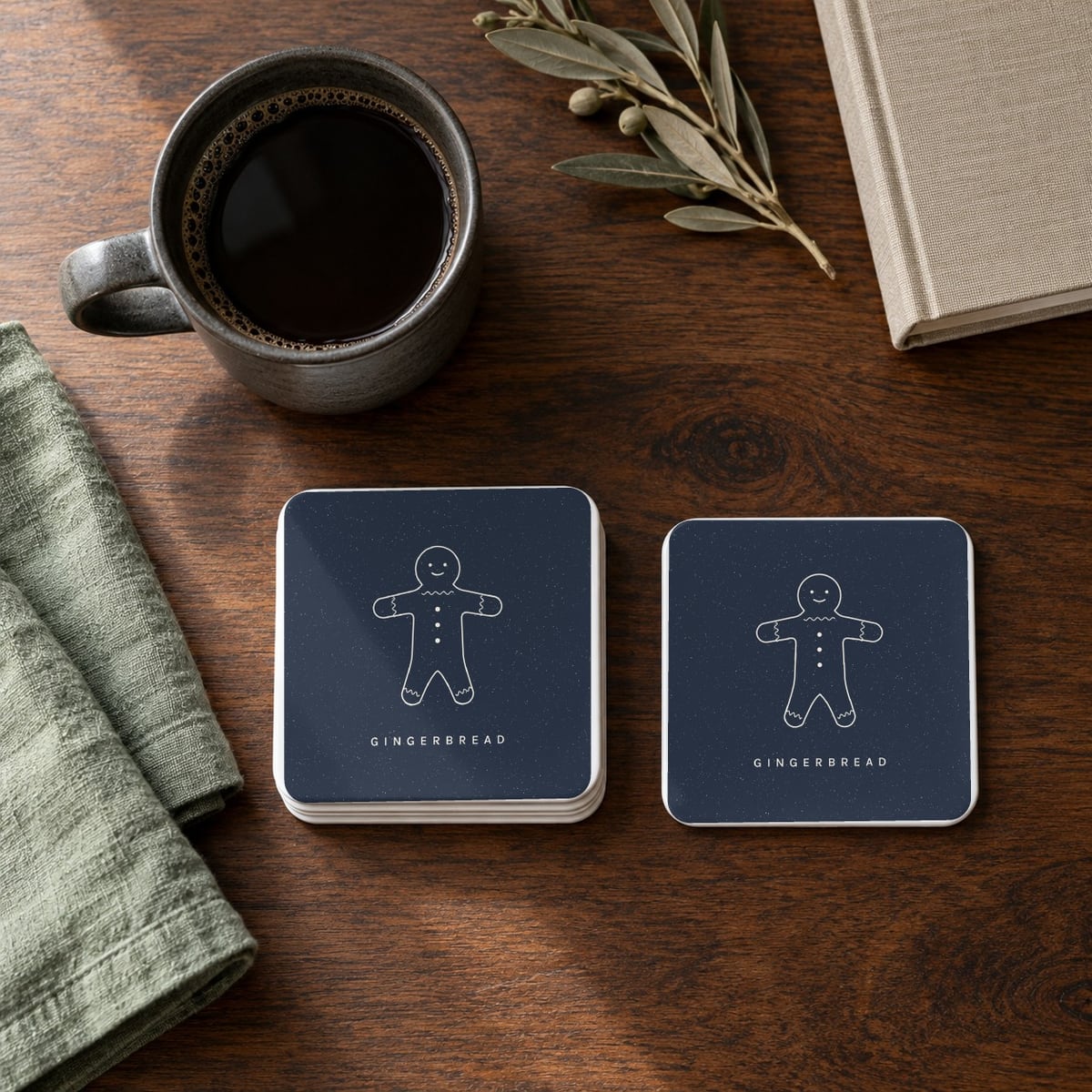 Gingerbread square coasters in Navy, set of 4
