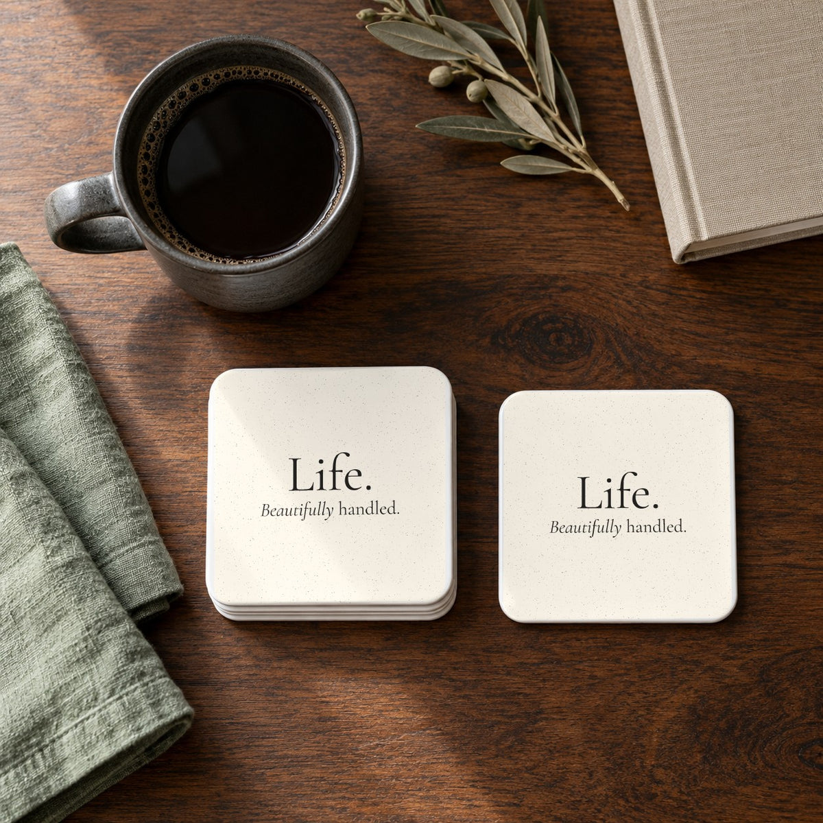 Life. Beautifully Handled. square coasters in Ivory, set of 4
