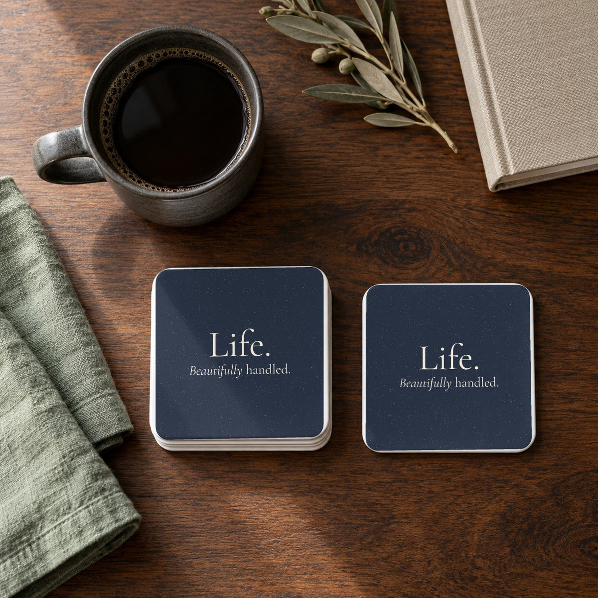 Life. Beautifully Handled. square coasters in Navy, set of 4
