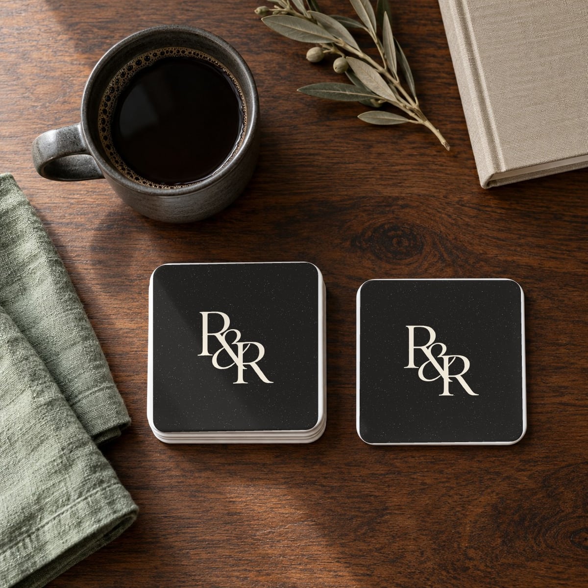 R&R Monogram square coasters in Black, set of 4