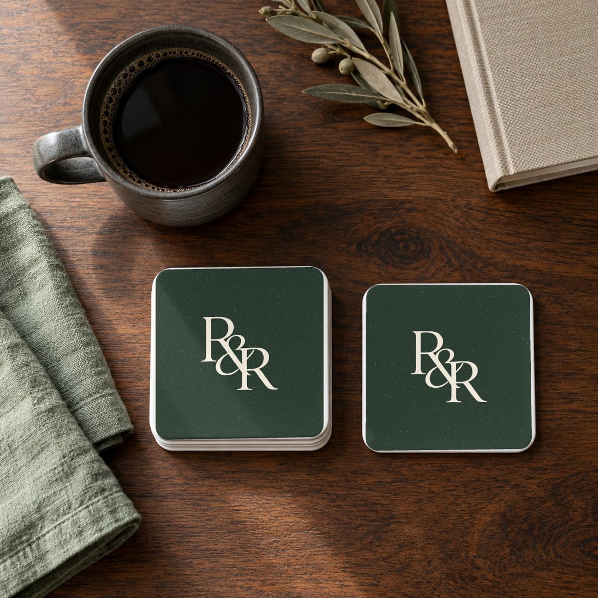 R&R Monogram square coasters in Forest, set of 4