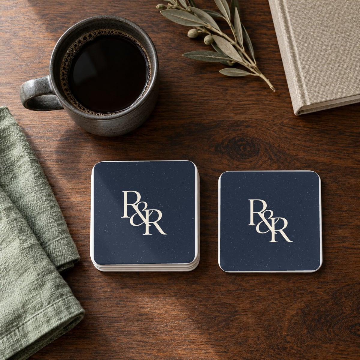 R&R Monogram square coasters in Navy, set of 4