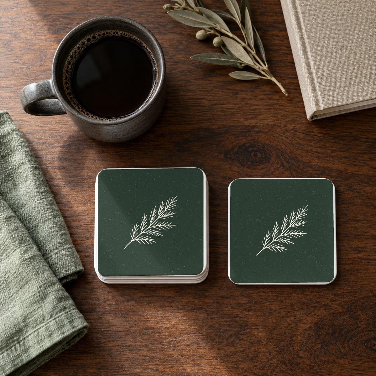 Evergreen Pine square coasters in Forest, set of 4