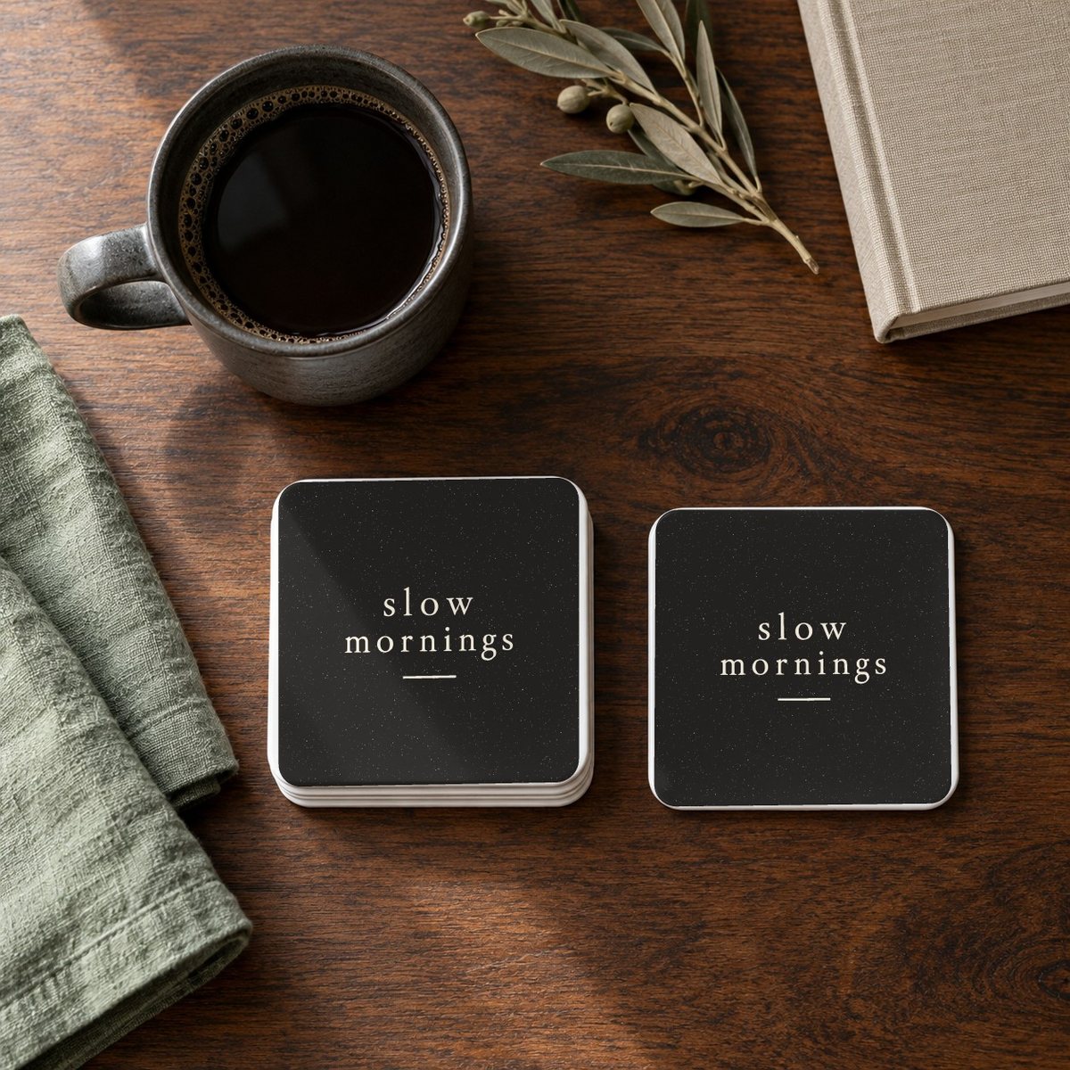 Slow Mornings square coasters in Black, set of 4