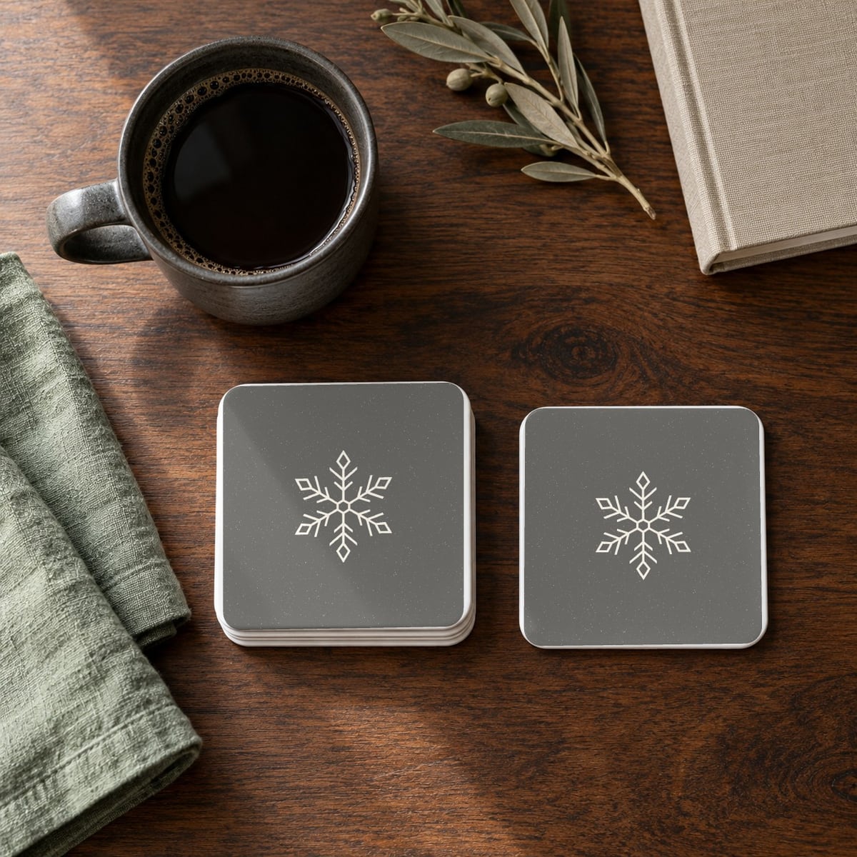 Snowflake square coasters in Grey, set of 4
