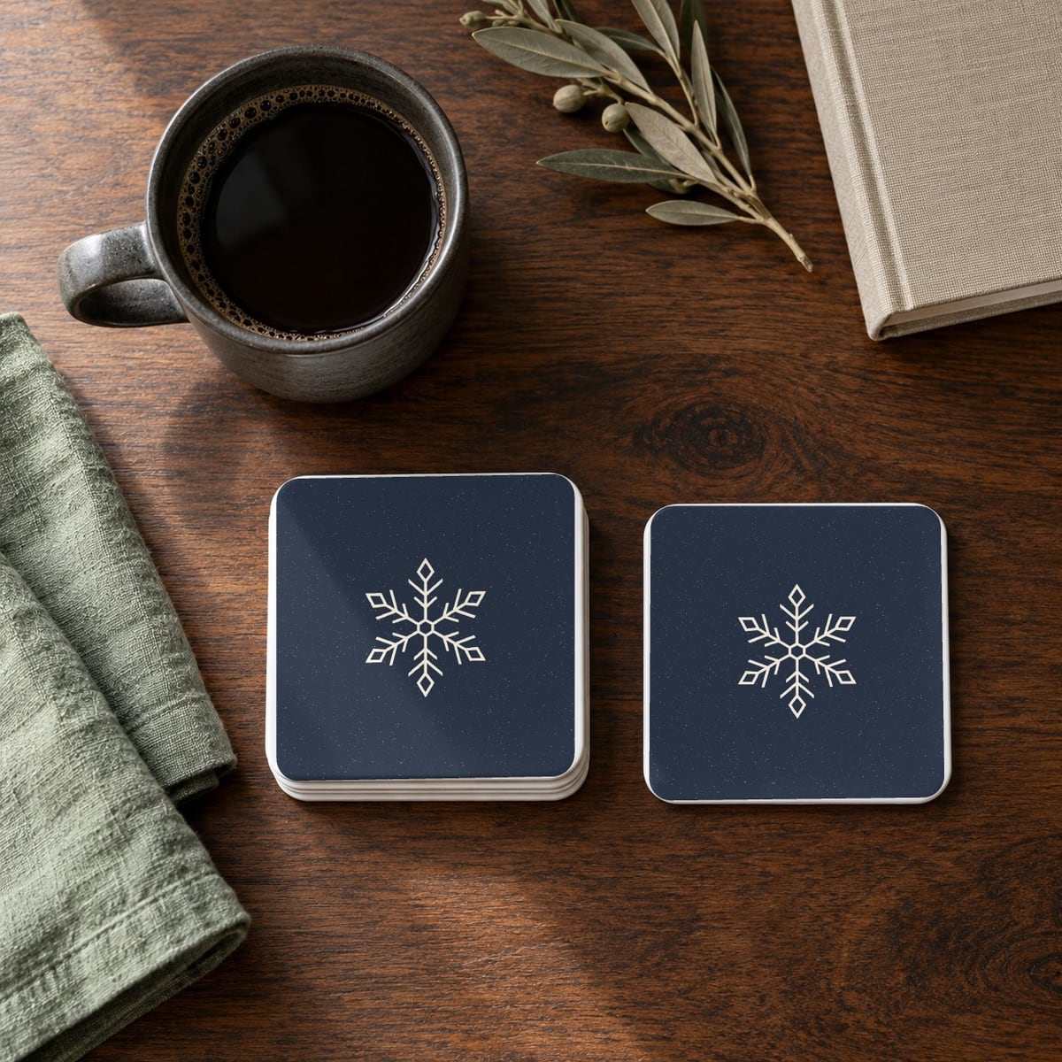 Snowflake square coasters in Navy, set of 4