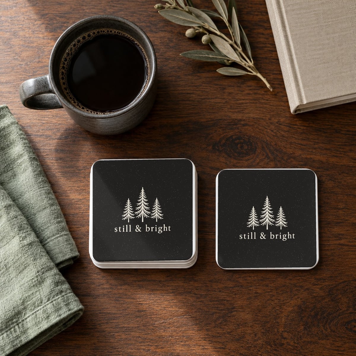 Still & Bright square coasters in Black, set of 4