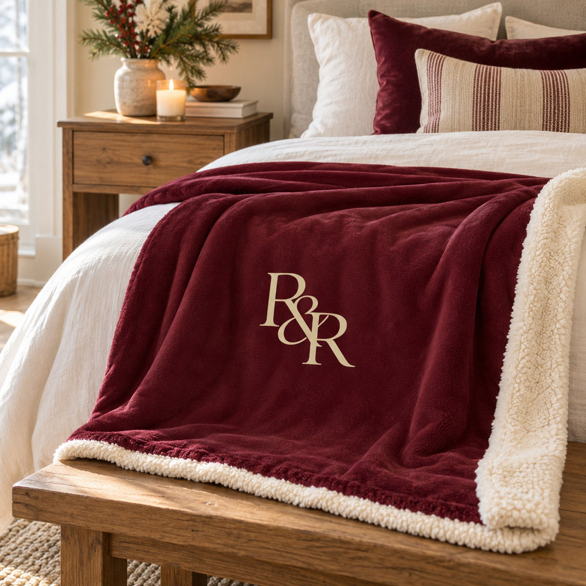 R&R Monogram Sherpa Fleece Blanket in Burgundy, styled at home