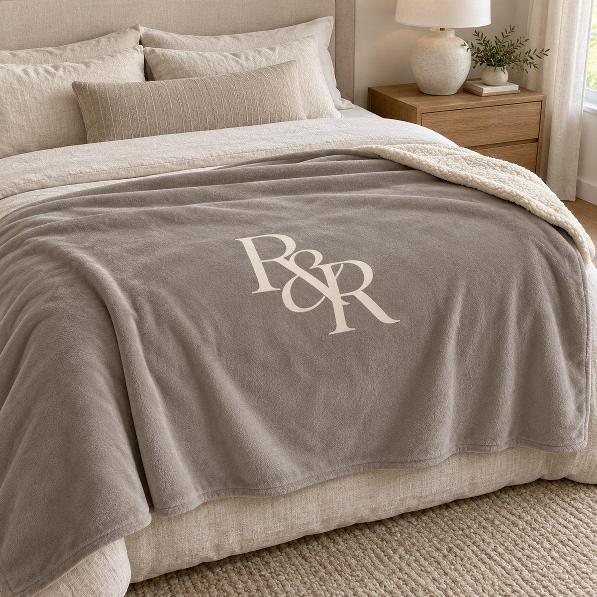 R&R Monogram Sherpa Fleece Blanket in Warm Grey, styled at home