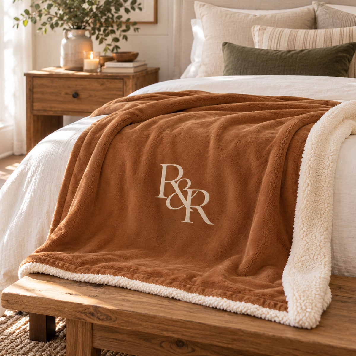 R&R Monogram Sherpa Fleece Blanket in Toffee, styled at home