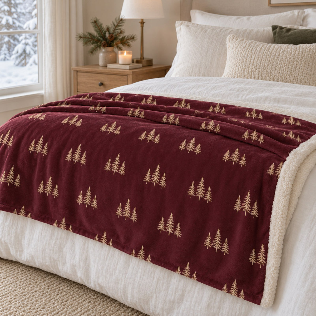 Evergreen Pattern Sherpa Fleece Blanket in Burgundy, styled at home