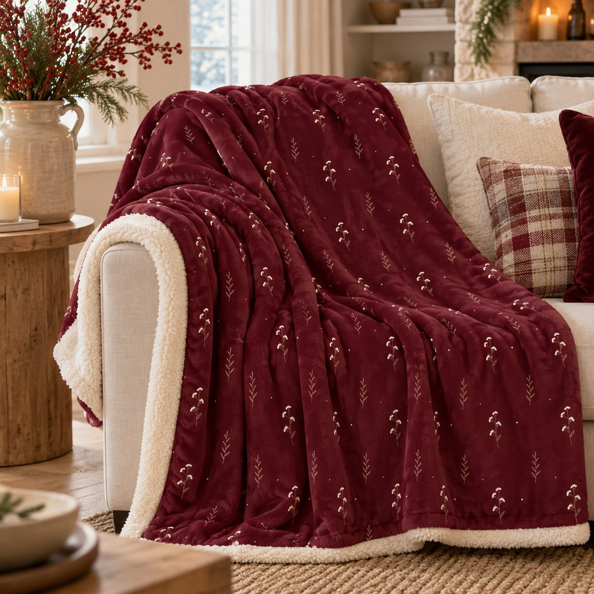 Winter Berry Sherpa Fleece Blanket in Burgundy, styled at home