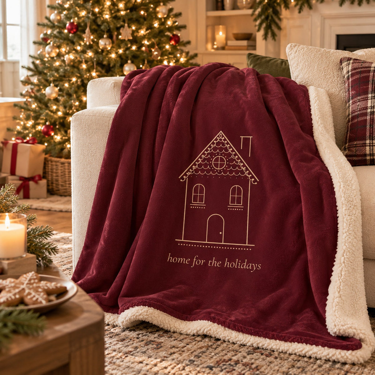 Gingerbread House Sherpa Fleece Blanket in Burgundy, styled at home