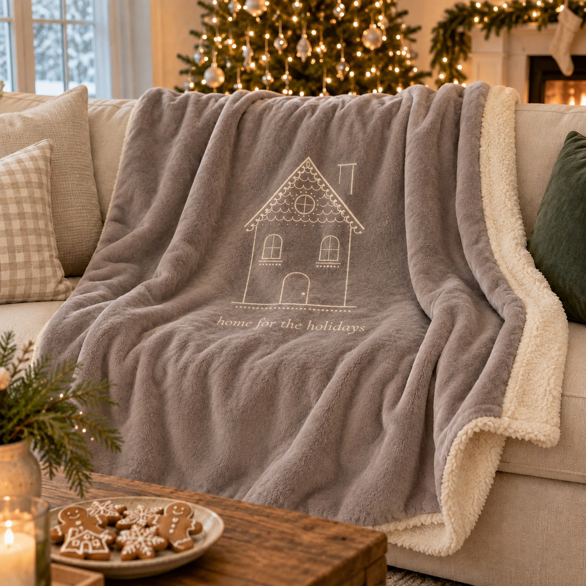 Gingerbread House Sherpa Fleece Blanket in Warm Grey by Rooted & Refined, draped over a sofa at Christmas
