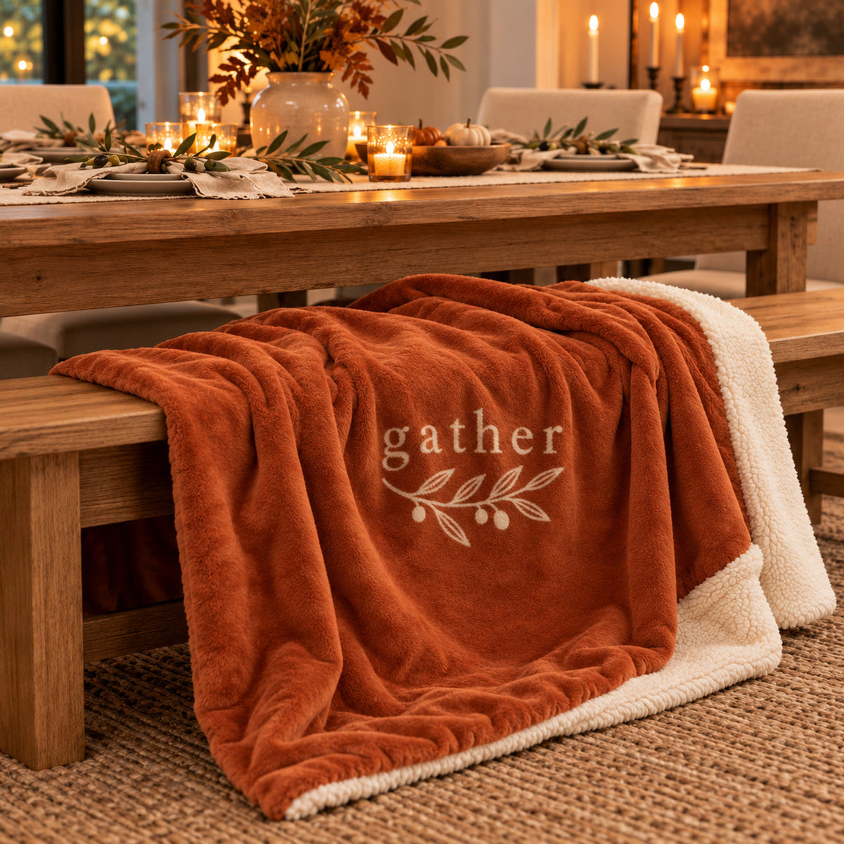 Gather Olive Branch Sherpa Fleece Blanket in Burnt Orange by Rooted & Refined, draped over a dining bench