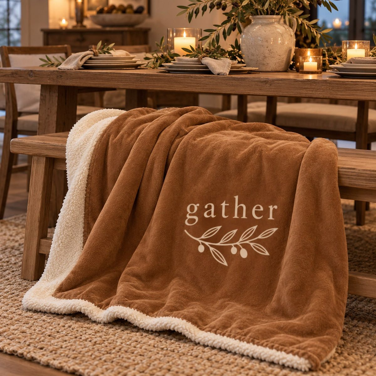 Gather Olive Branch Sherpa Fleece Blanket in Toffee, styled at home
