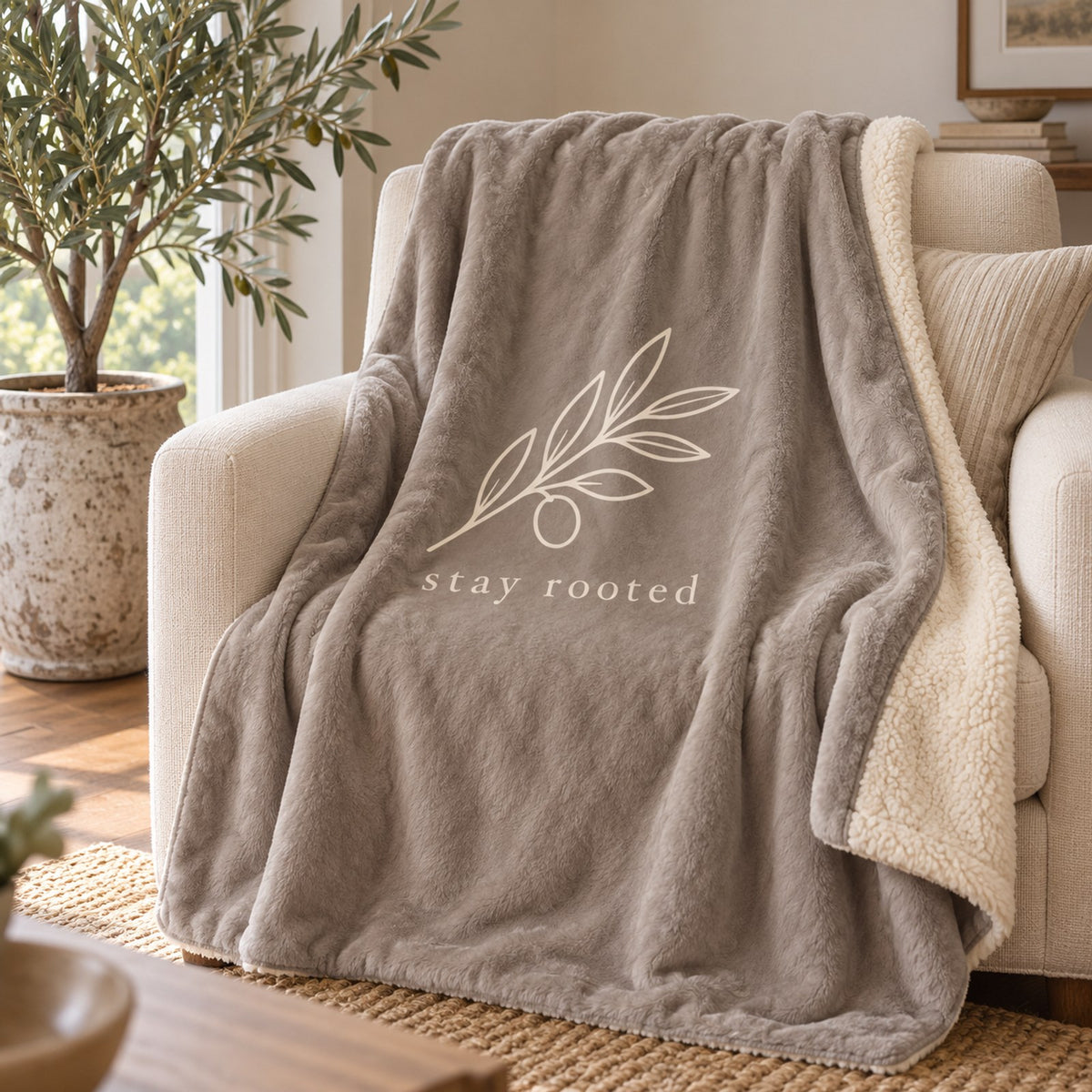 Stay Rooted Olive Branch Sherpa Fleece Blanket in Warm Grey, styled at home