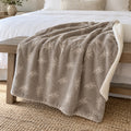 Olive Branch Pattern Sherpa Fleece Blanket in Warm Grey, styled at home