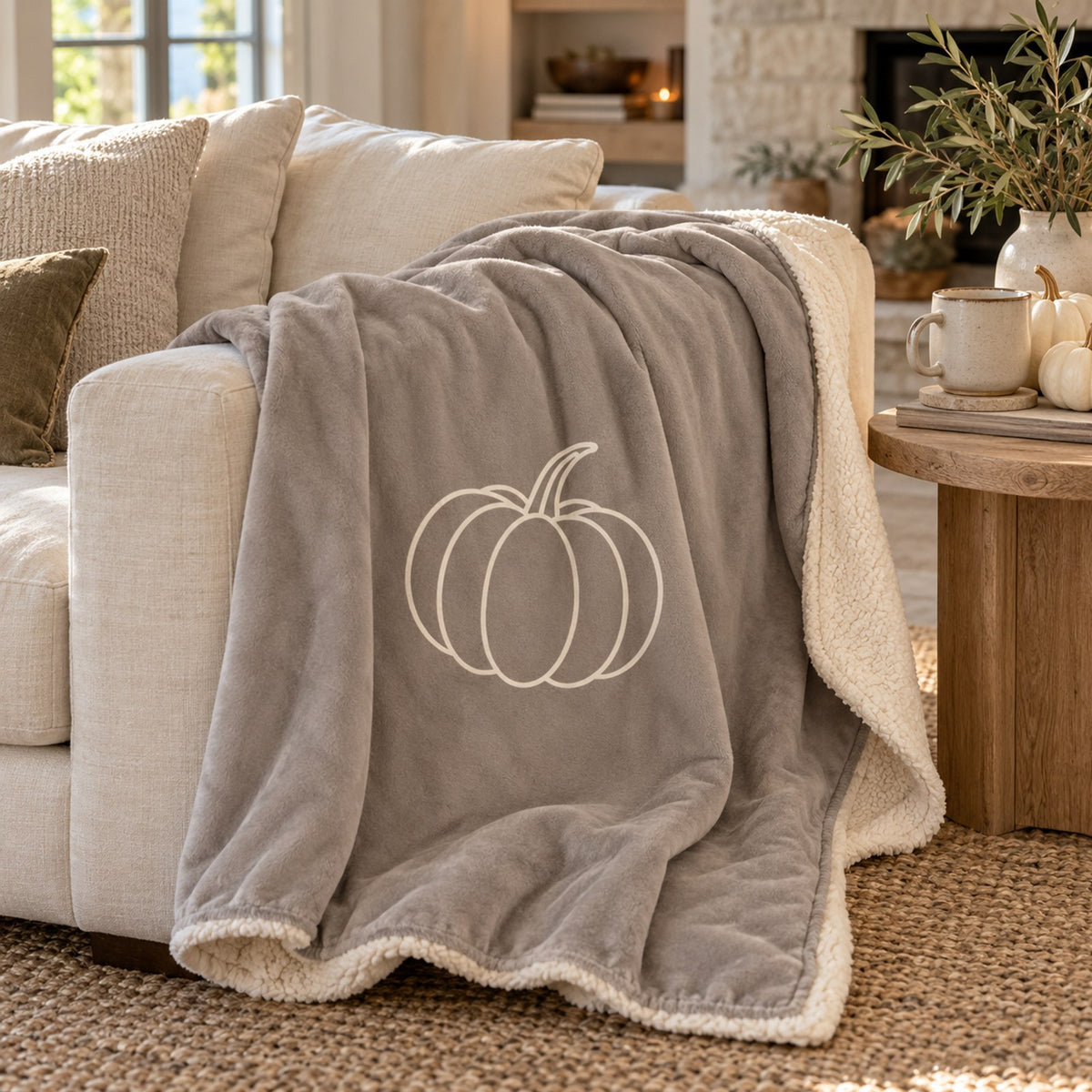 Pumpkin Sherpa Fleece Blanket in Warm Grey, styled at home