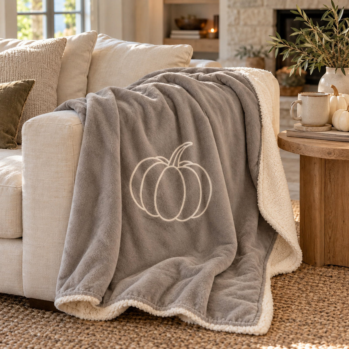 Pumpkin Sherpa Fleece Blanket in Warm Grey by Rooted & Refined, draped over a chair in a cozy fall living room
