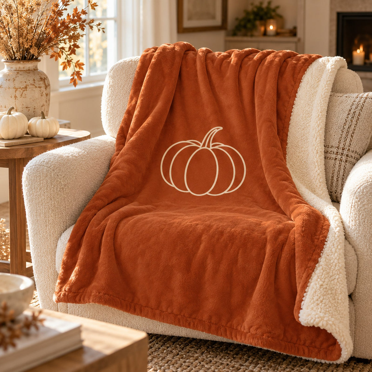 Pumpkin Sherpa Fleece Blanket in Burnt Orange, styled at home