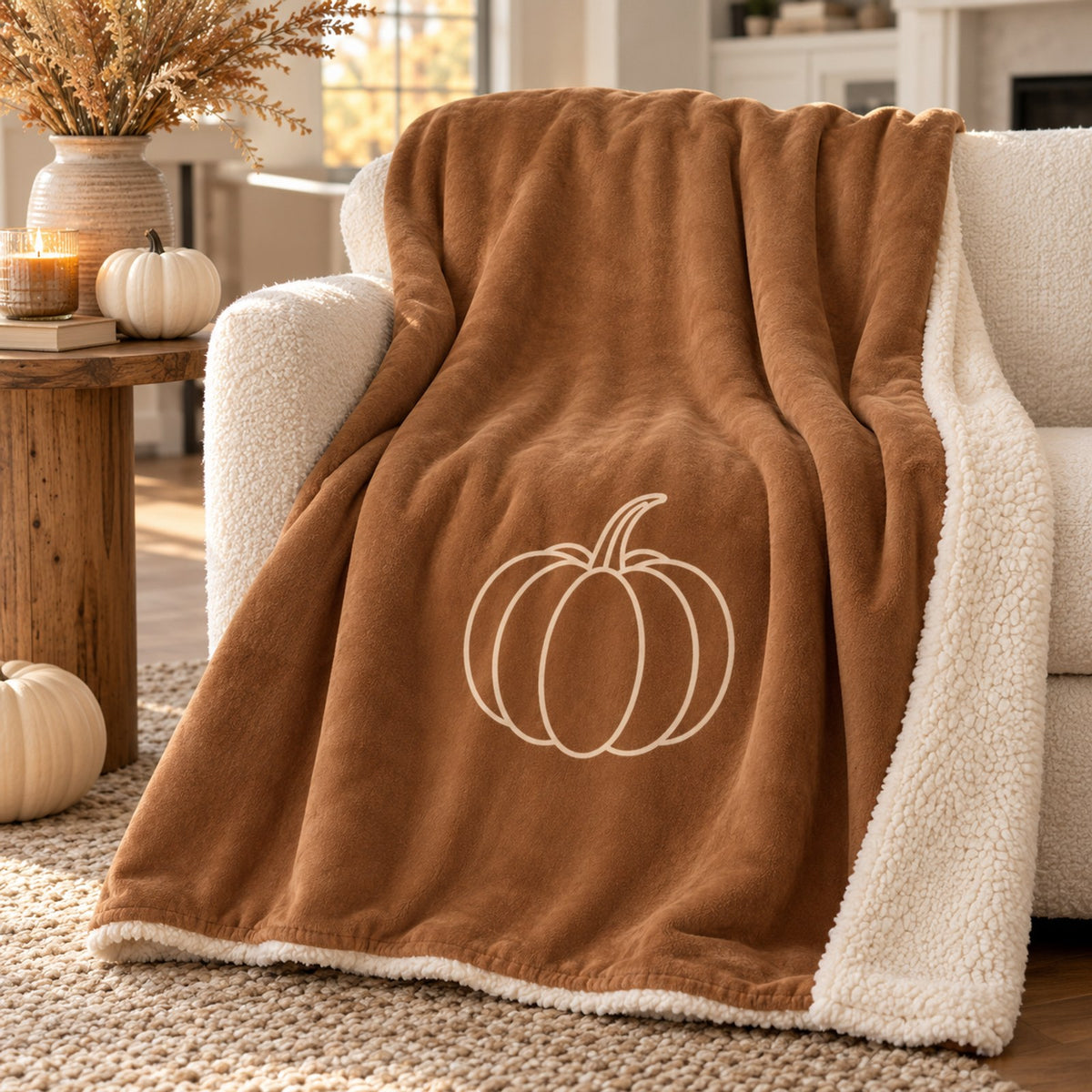 Pumpkin Sherpa Fleece Blanket in Toffee, styled at home