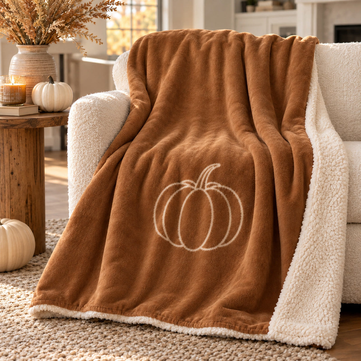 Pumpkin Sherpa Fleece Blanket in Toffee by Rooted & Refined, draped over an armchair in a fall living room