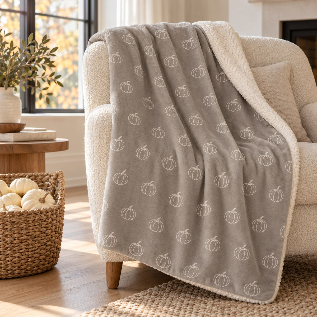 Pumpkin Pattern Sherpa Fleece Blanket in Warm Grey, styled at home
