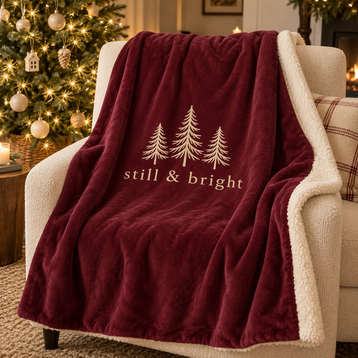 Still & Bright Evergreen Sherpa Fleece Blanket in Burgundy, styled at home