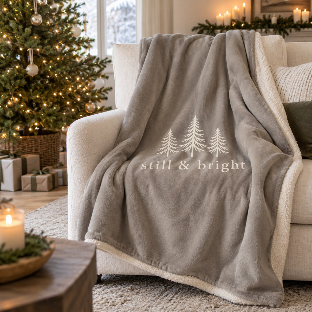 Still & Bright Evergreen Sherpa Fleece Blanket in Warm Grey, styled at home