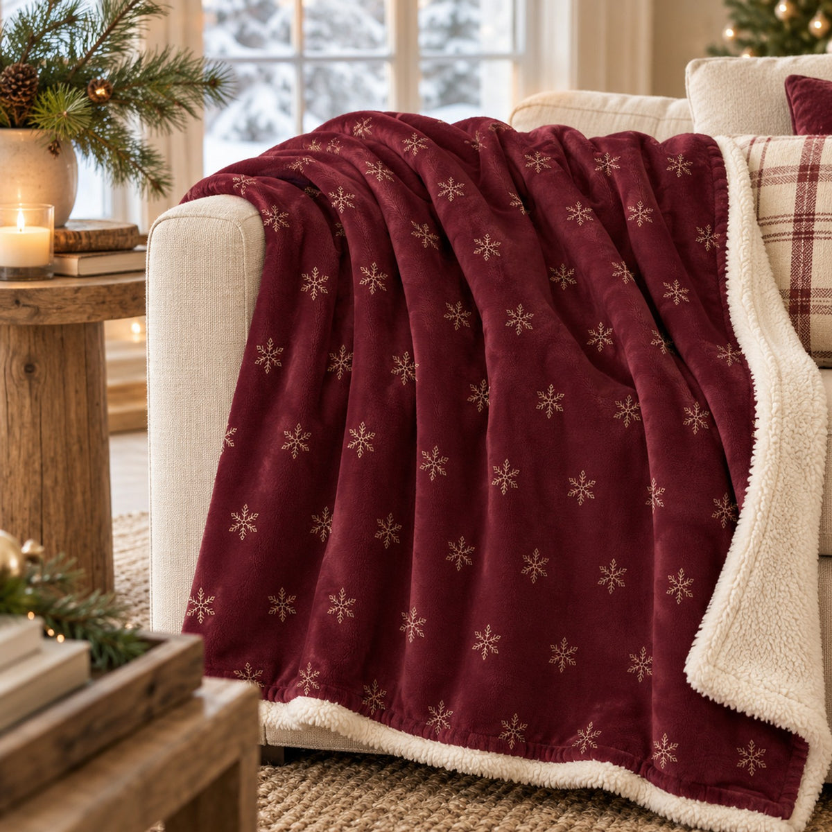 Snowflake Sherpa Fleece Blanket in Burgundy, styled at home