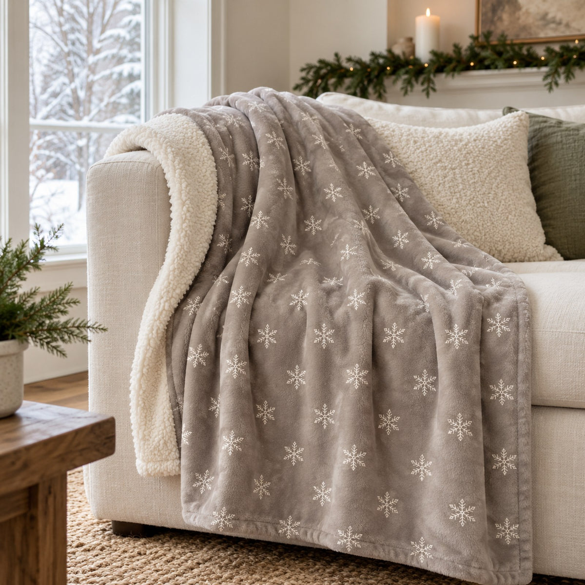 Snowflake Sherpa Fleece Blanket in Warm Grey, styled at home