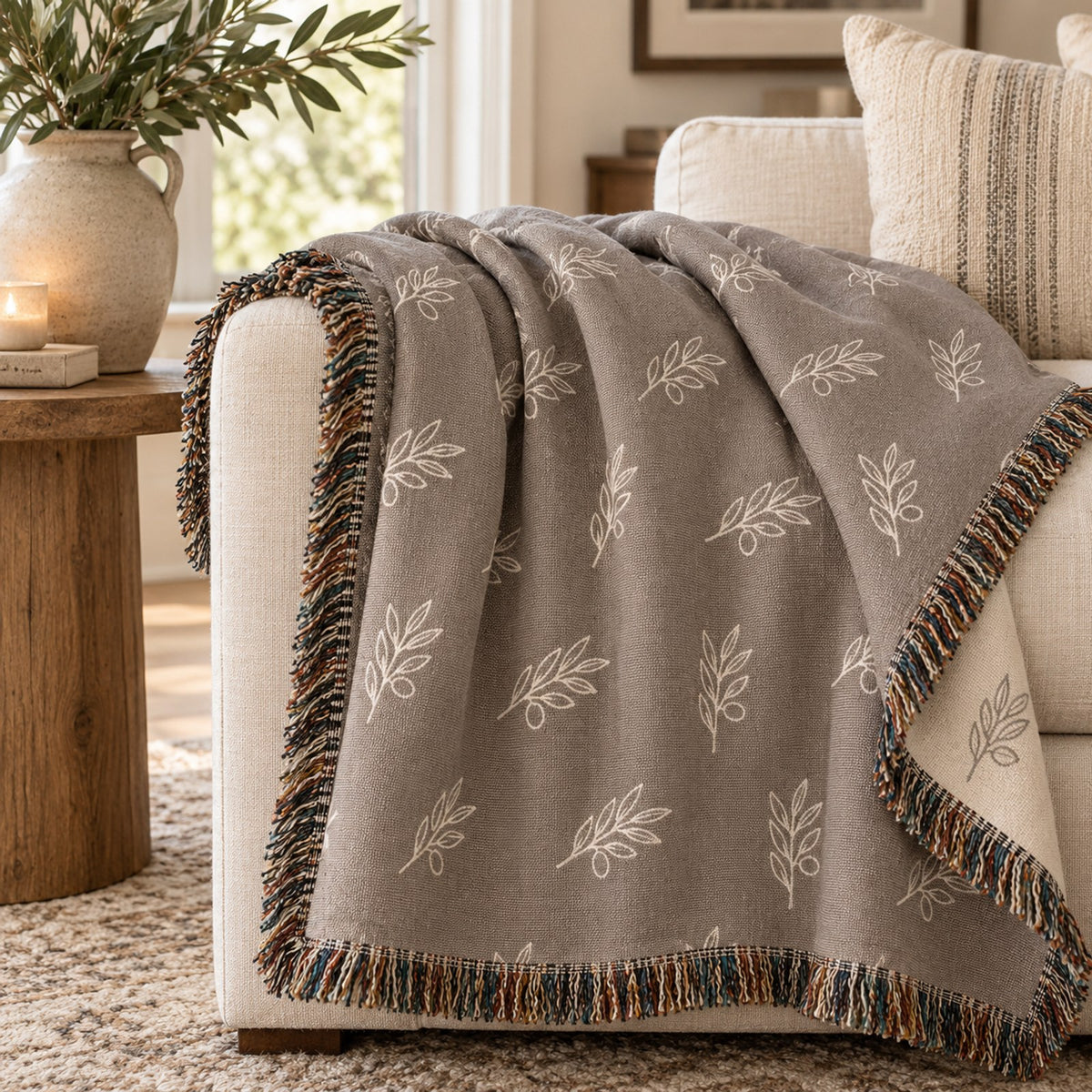 Olive Branch Woven Throw Blanket in Warm Grey, styled at home