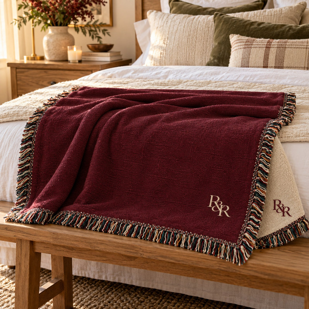 Small R&R Monogram Woven Throw Blanket in Burgundy, styled at home