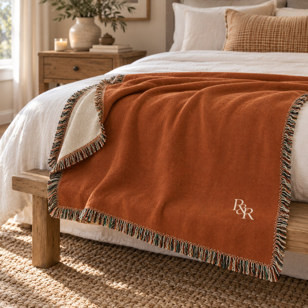 Small R&R Monogram Woven Throw Blanket in Burnt Orange, styled at home