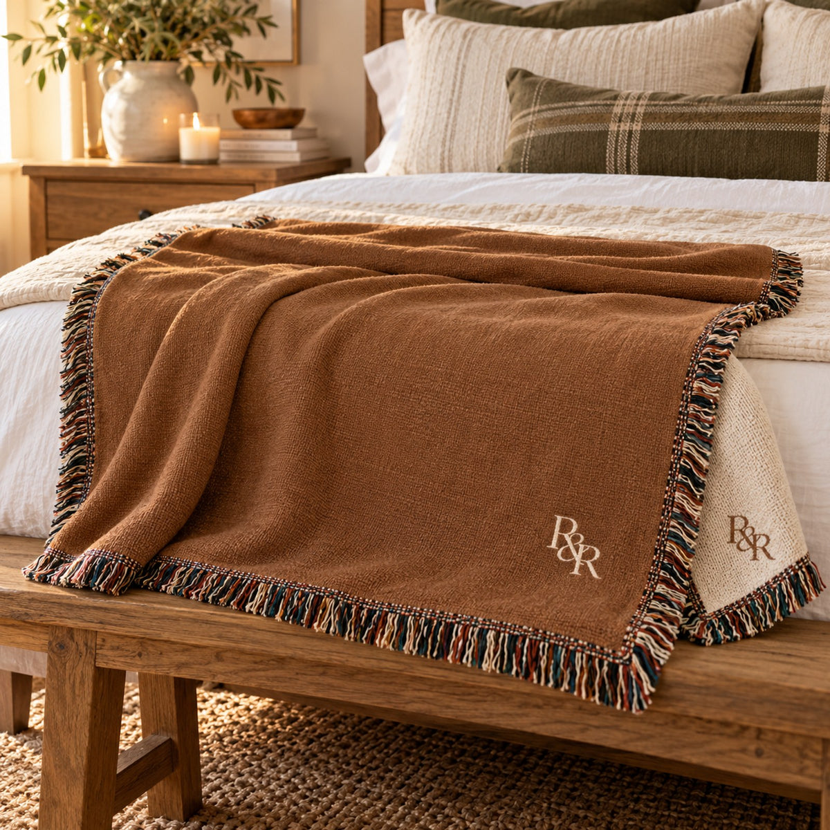 Small R&R Monogram Woven Throw Blanket in Toffee, styled at home