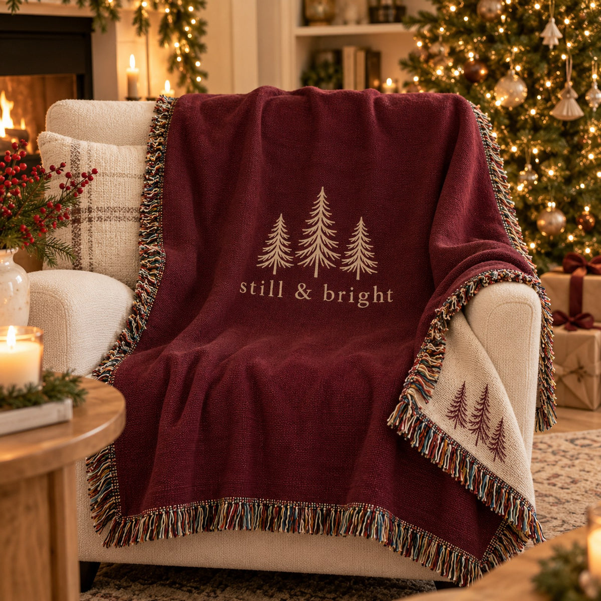 Still & Bright Woven Throw Blanket in Burgundy, styled at home