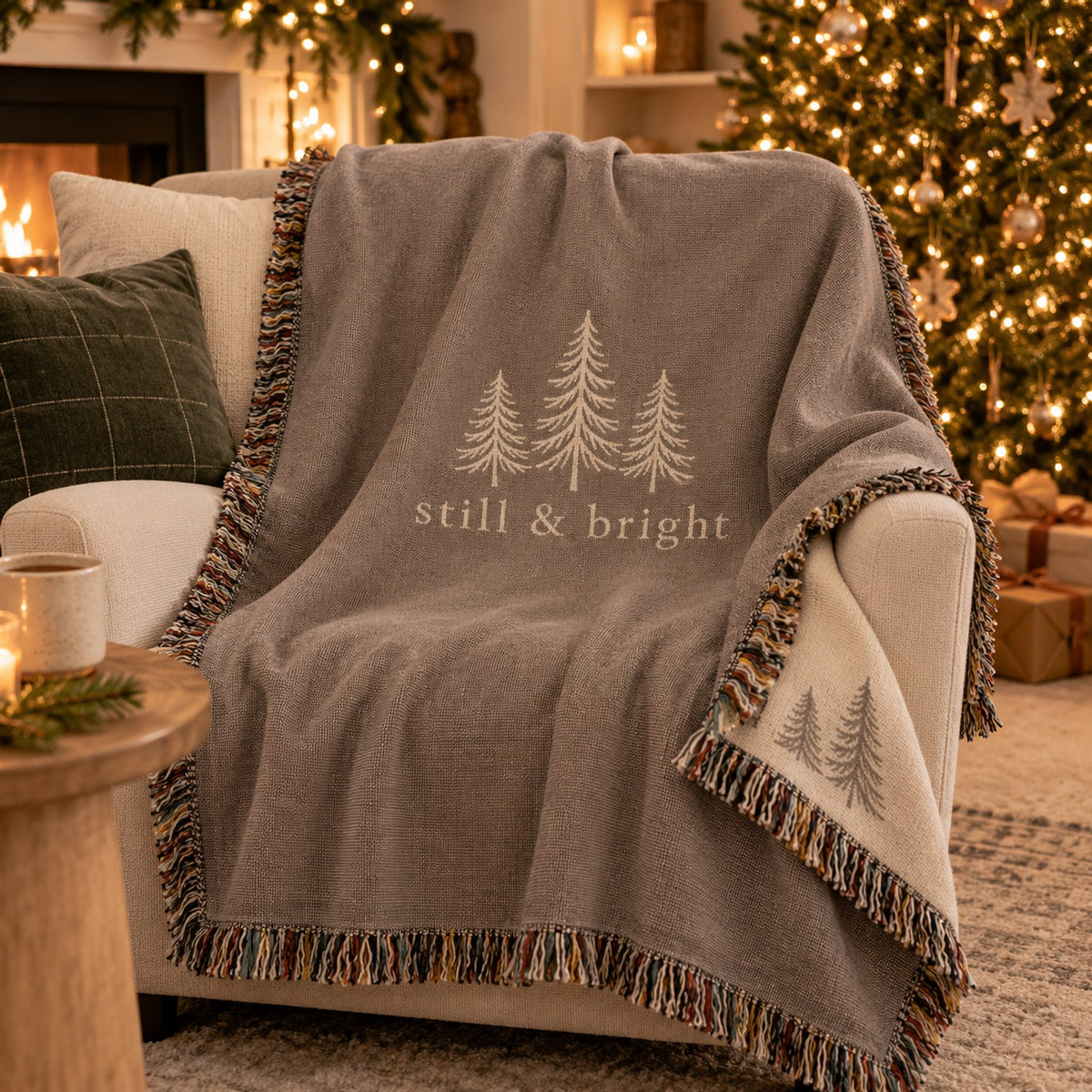 Still & Bright Woven Throw Blanket in Warm Grey, styled at home