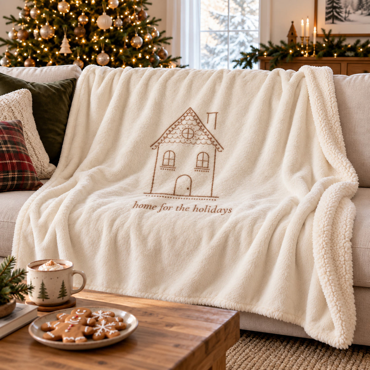 Gingerbread House Sherpa Fleece Blanket in ivory by Rooted & Refined, draped over a sofa in a holiday living room