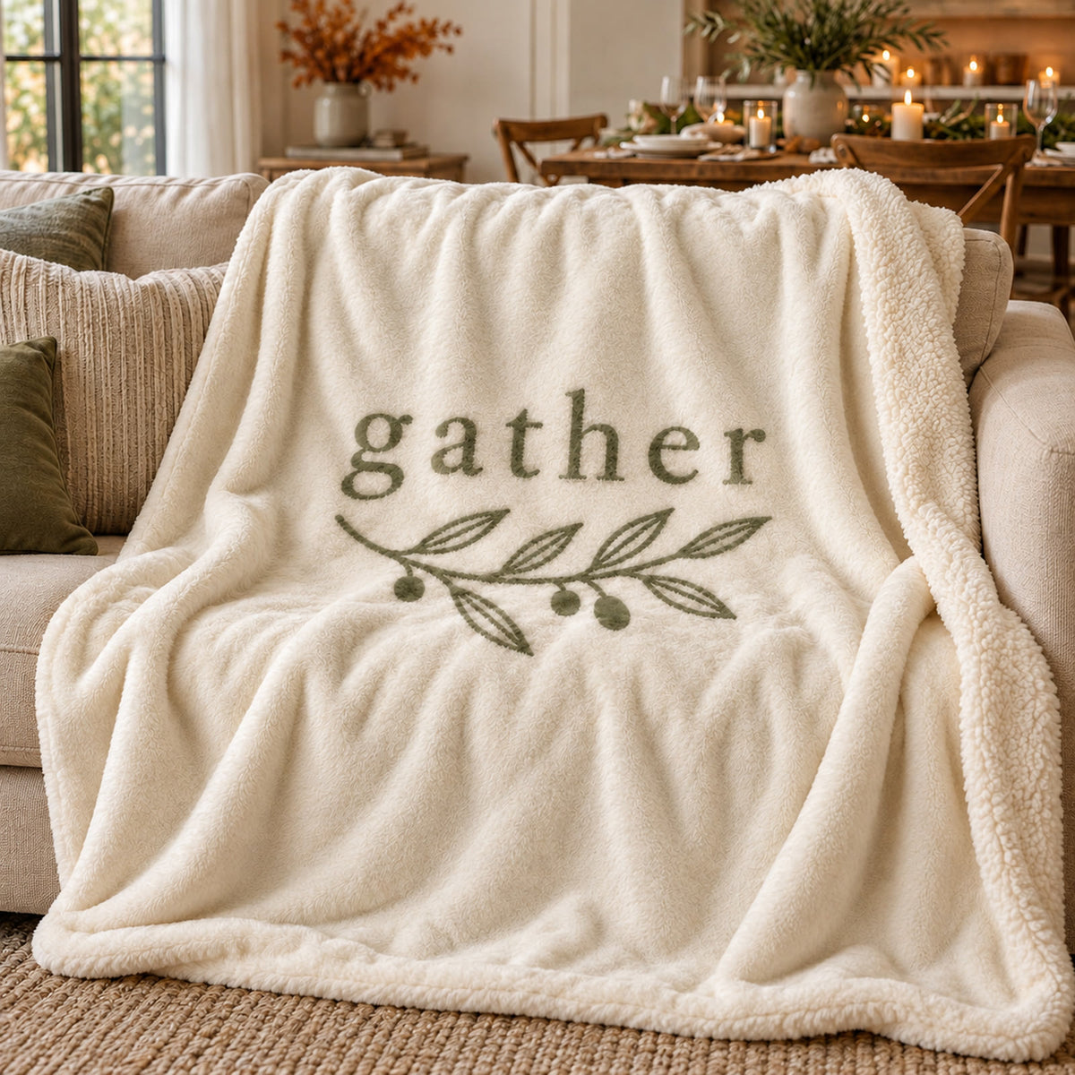 Gather Olive Branch Sherpa Fleece Blanket in ivory by Rooted & Refined, draped over an armchair in a cozy living room